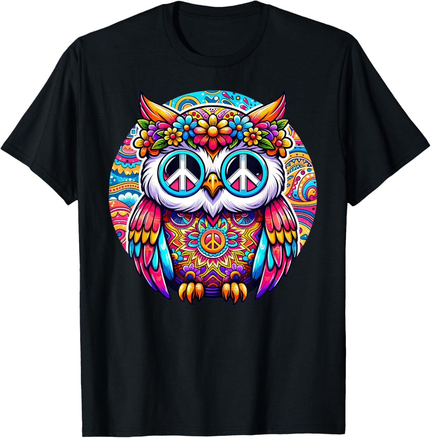 Psychedelic Peace Owl Love Colorful Harmony Unity Positivity T-Shirt - T-Shirt | Black