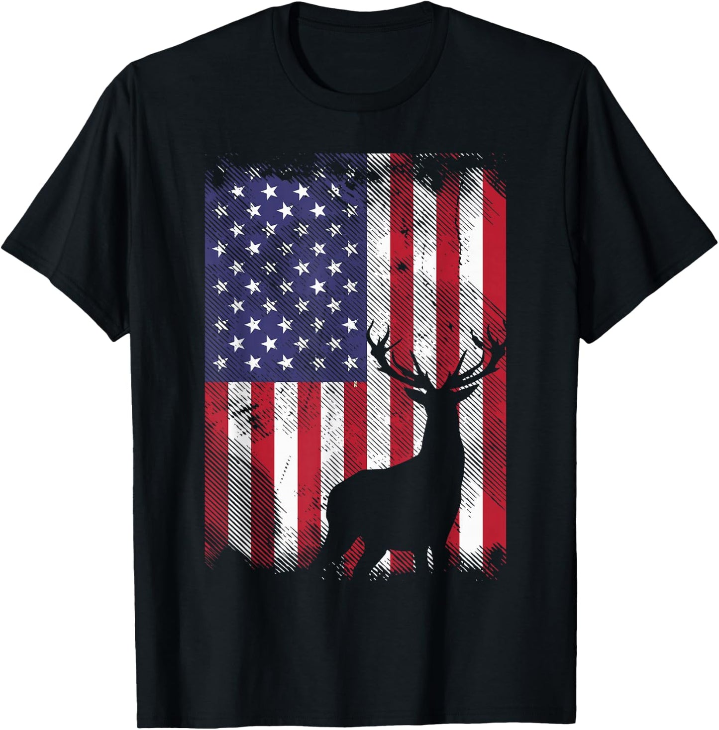 American Flag Deer Elk Hunting USA Patriotic Hunter Gift T-Shirt - T-Shirt | Black