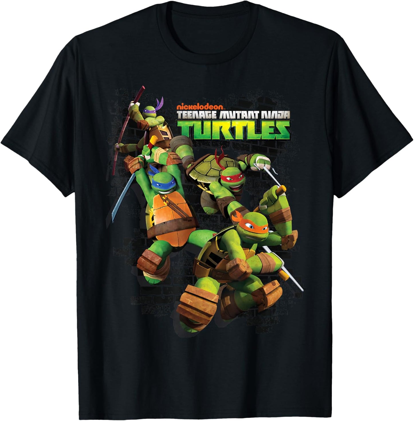 TMNT Turtles Group Shot Brick Wall T-Shirt - T-Shirt | Black