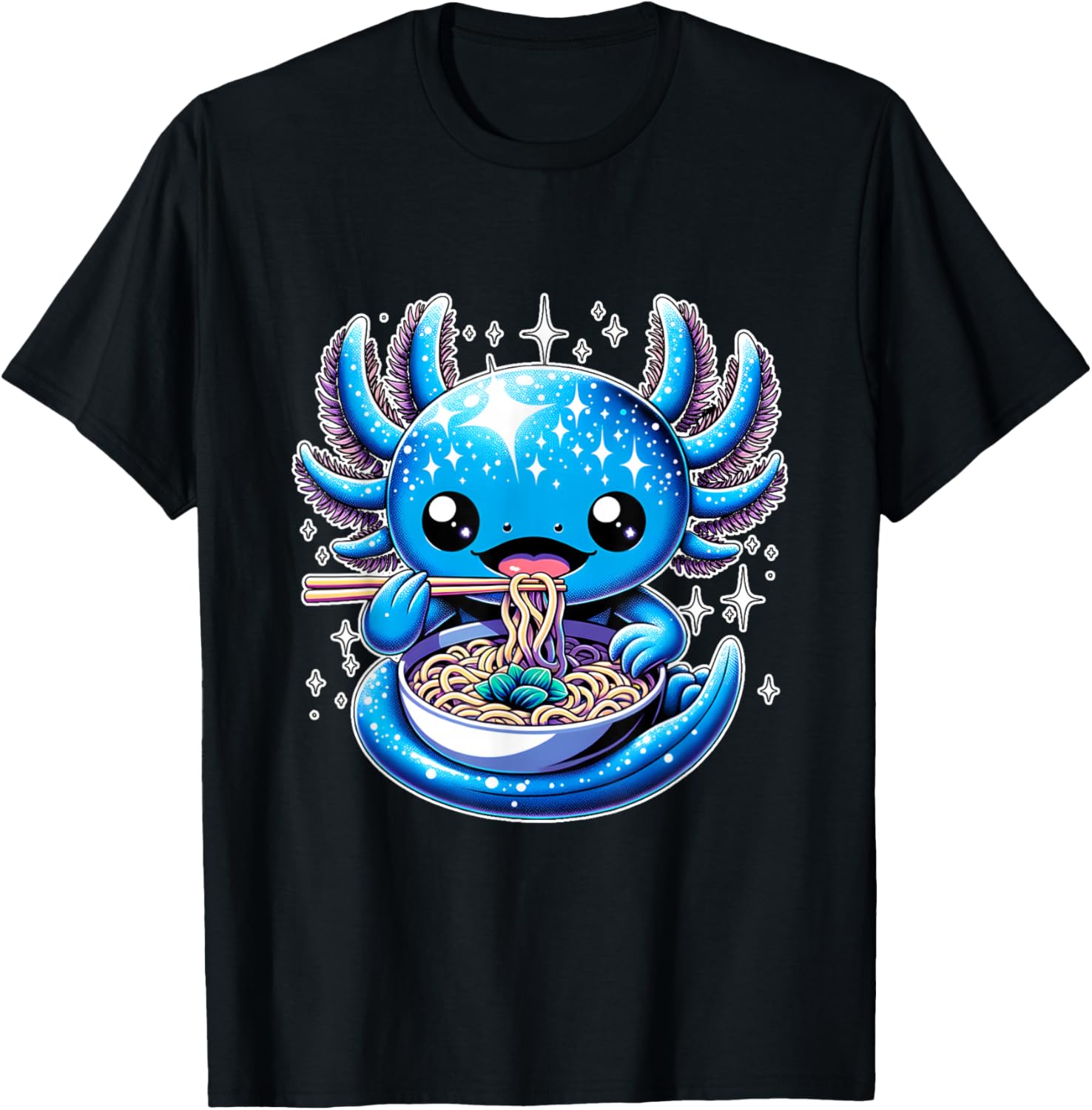 Kawaii Axolotl Eating Ramen Noodles Anime T-Shirt - T-Shirt | Black