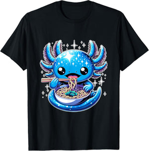 Kawaii Axolotl Eating Ramen Noodles Anime T-Shirt - T-Shirt | Black