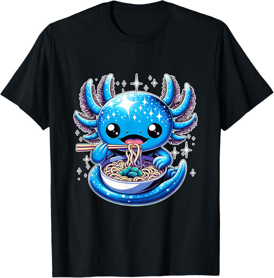 Kawaii Axolotl Eating Ramen Noodles Anime T-Shirt - T-Shirt | Black