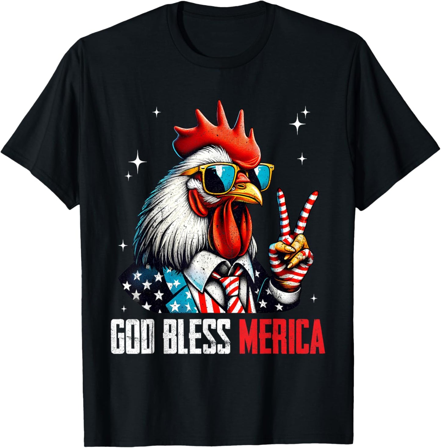 God Bless Merica Chicken Rooster 4th of July American Flag T-Shirt - T-Shirt | Black