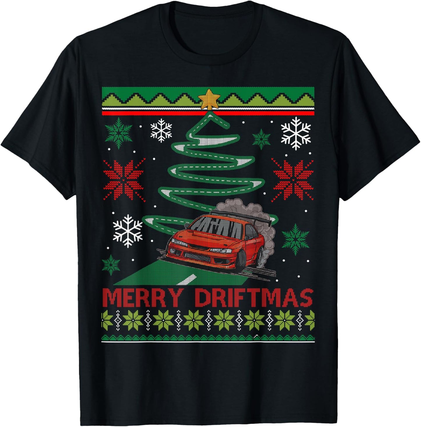 Merry Driftmas Street Racing Christmas Drifting Car Tree T-Shirt - T-Shirt | Black