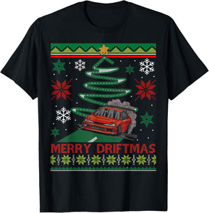 Merry Driftmas Street Racing Christmas Drifting Car Tree T-Shirt - T-Shirt | Black