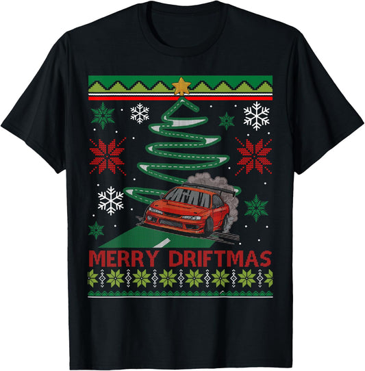 Merry Driftmas Street Racing Christmas Drifting Car Tree T-Shirt - T-Shirt | Black
