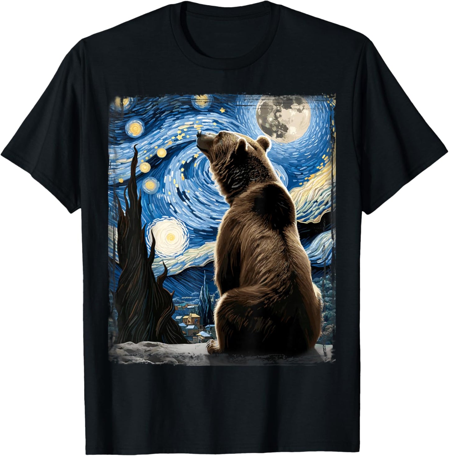 Artistic Bear Shirt Van Gogh Style Starry Night Grizzly Bear T-Shirt - T-Shirt | Black