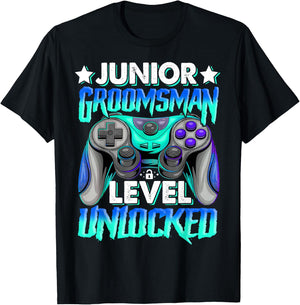 Gamer Junior Groomsman Level Unlocked Video Gaming Wedding T-Shirt - T-Shirt | Black