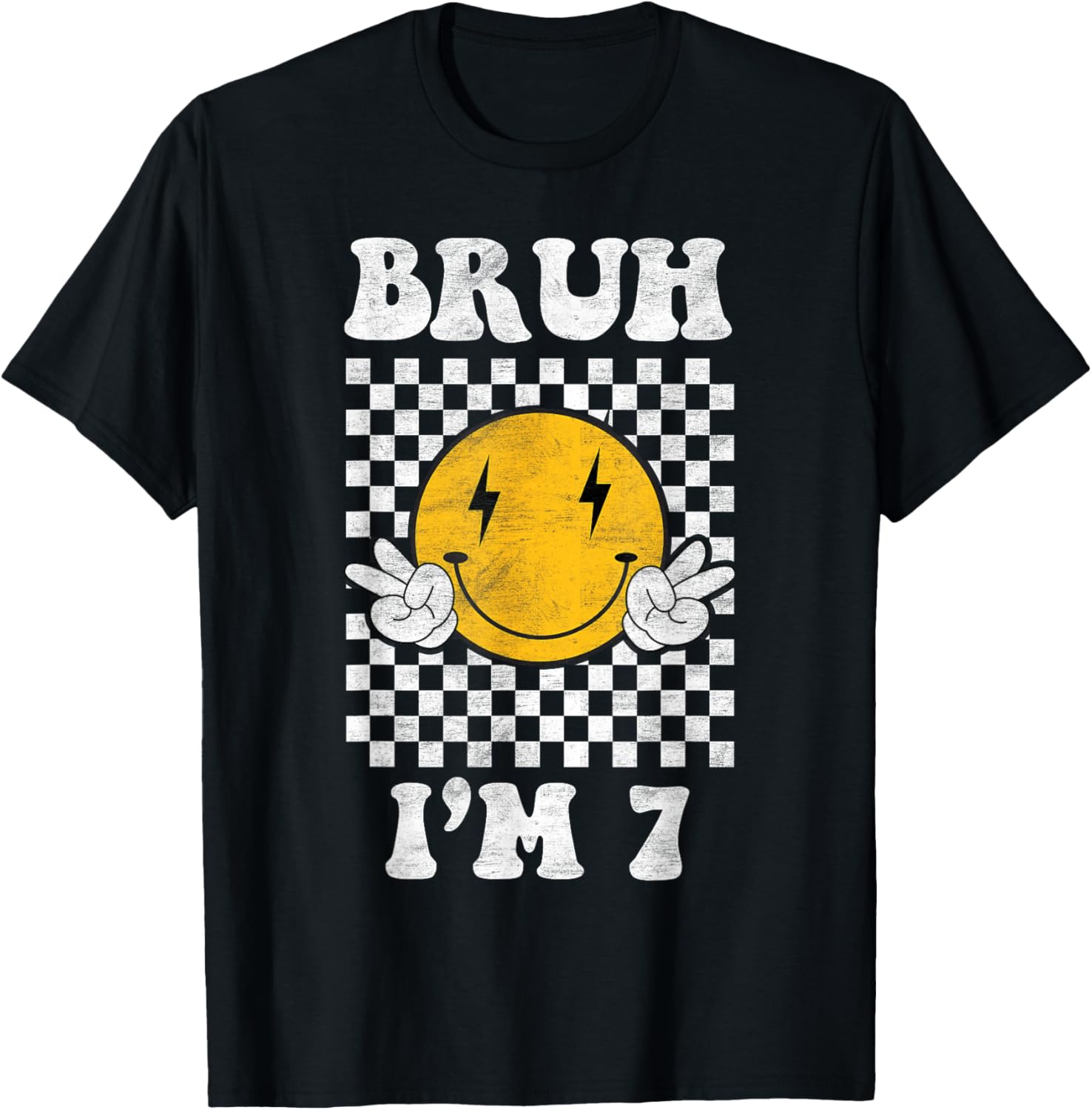 Bruh I'm 7 year old Groovy retro 7th Birthday Vintage T-Shirt - T-Shirt | Black