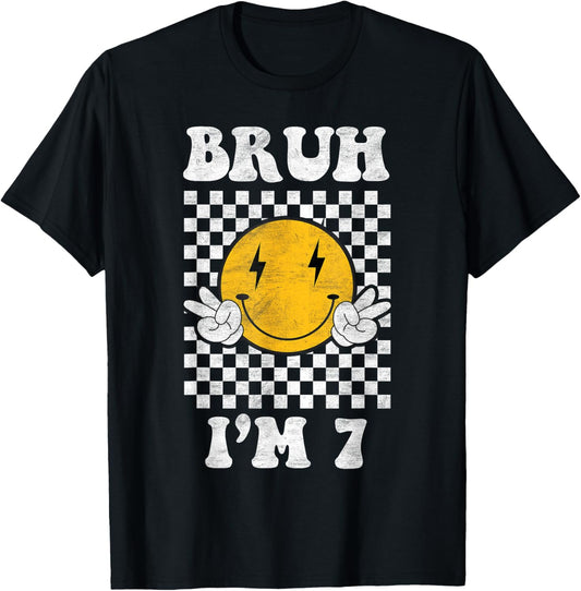 Bruh I'm 7 year old Groovy retro 7th Birthday Vintage T-Shirt - T-Shirt | Black