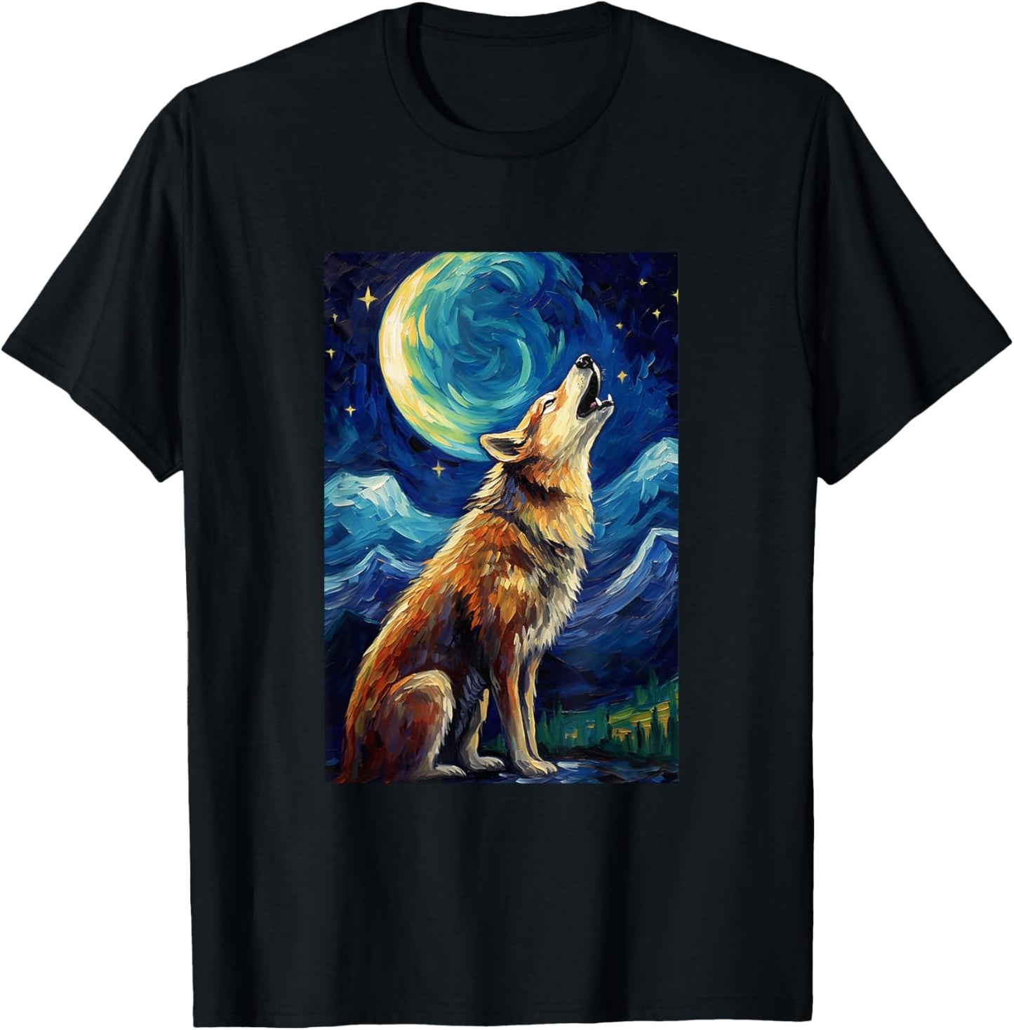 Wolf howls at moon - Van Gogh Style - Starry Night T-Shirt - T-Shirt | Black
