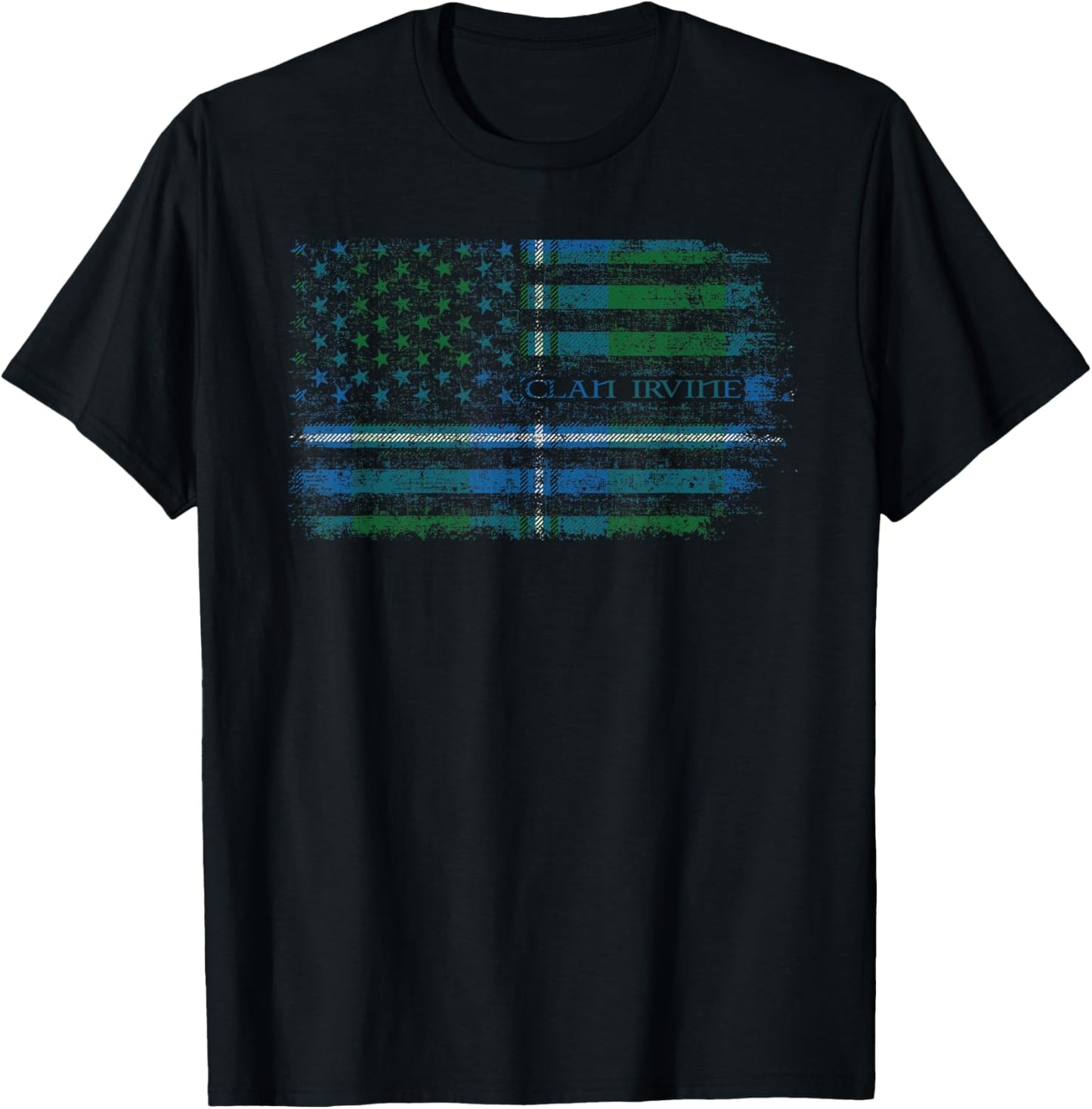 Clan Irvine Scottish tartan US flag kilt Scotland T-Shirt - T-Shirt | Black