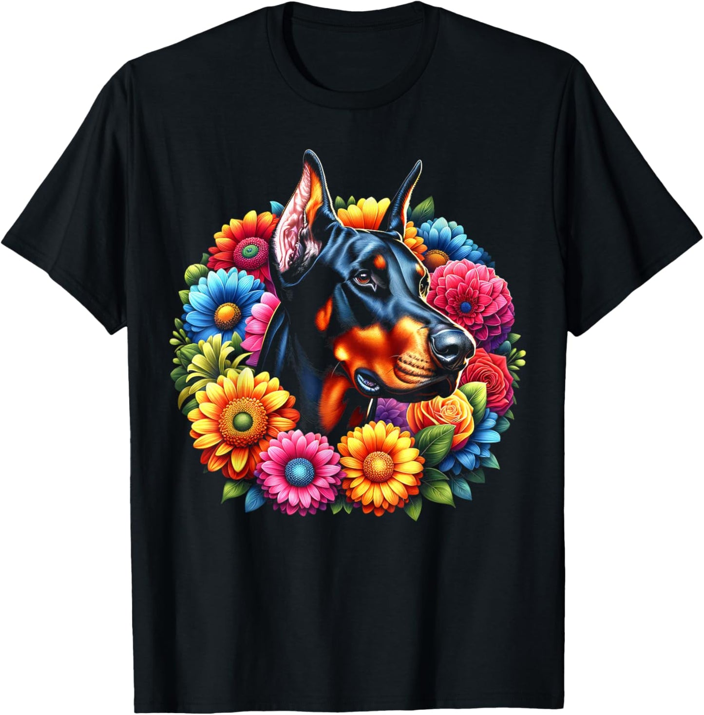 Cute Doberman Portrait in Colourful Flowers T-Shirt - T-Shirt | Black