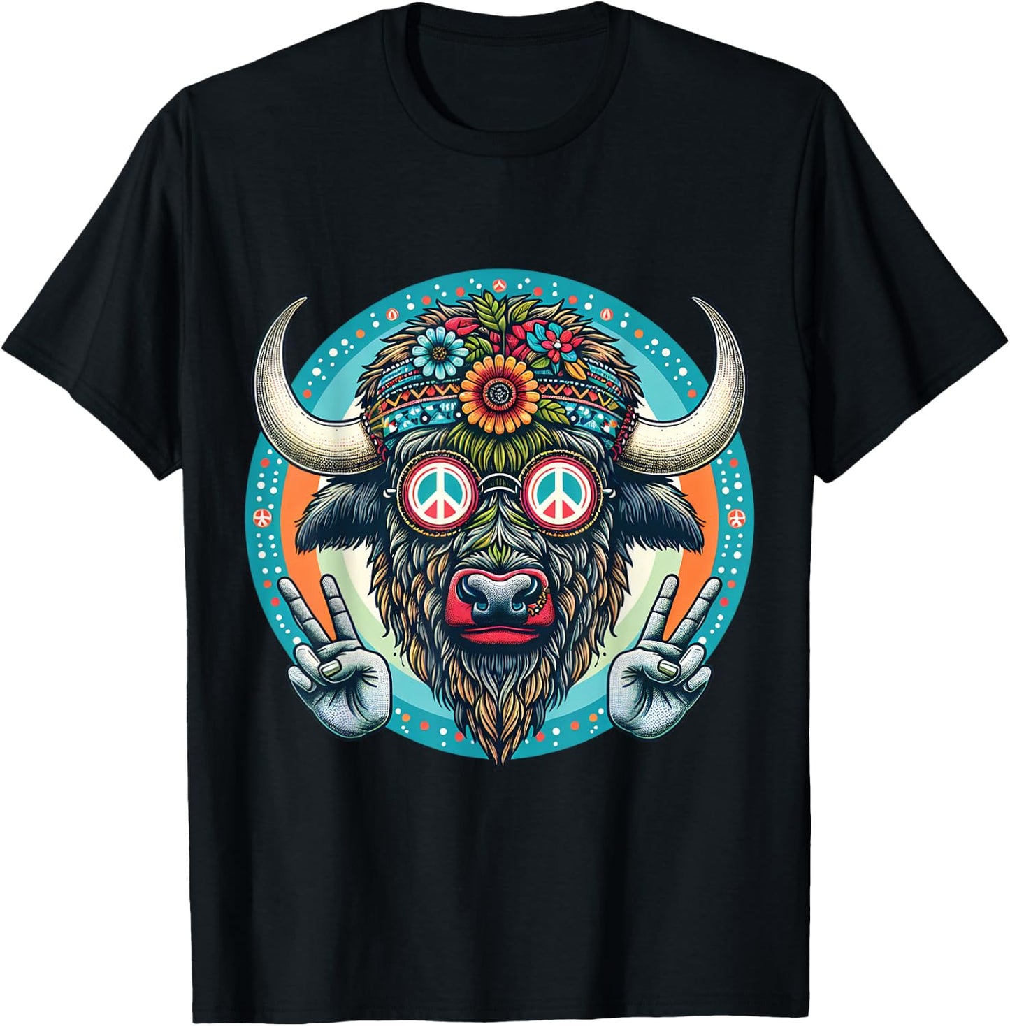 Buffalo Hippie with Peace signs floral T-Shirt - T-Shirt | Black