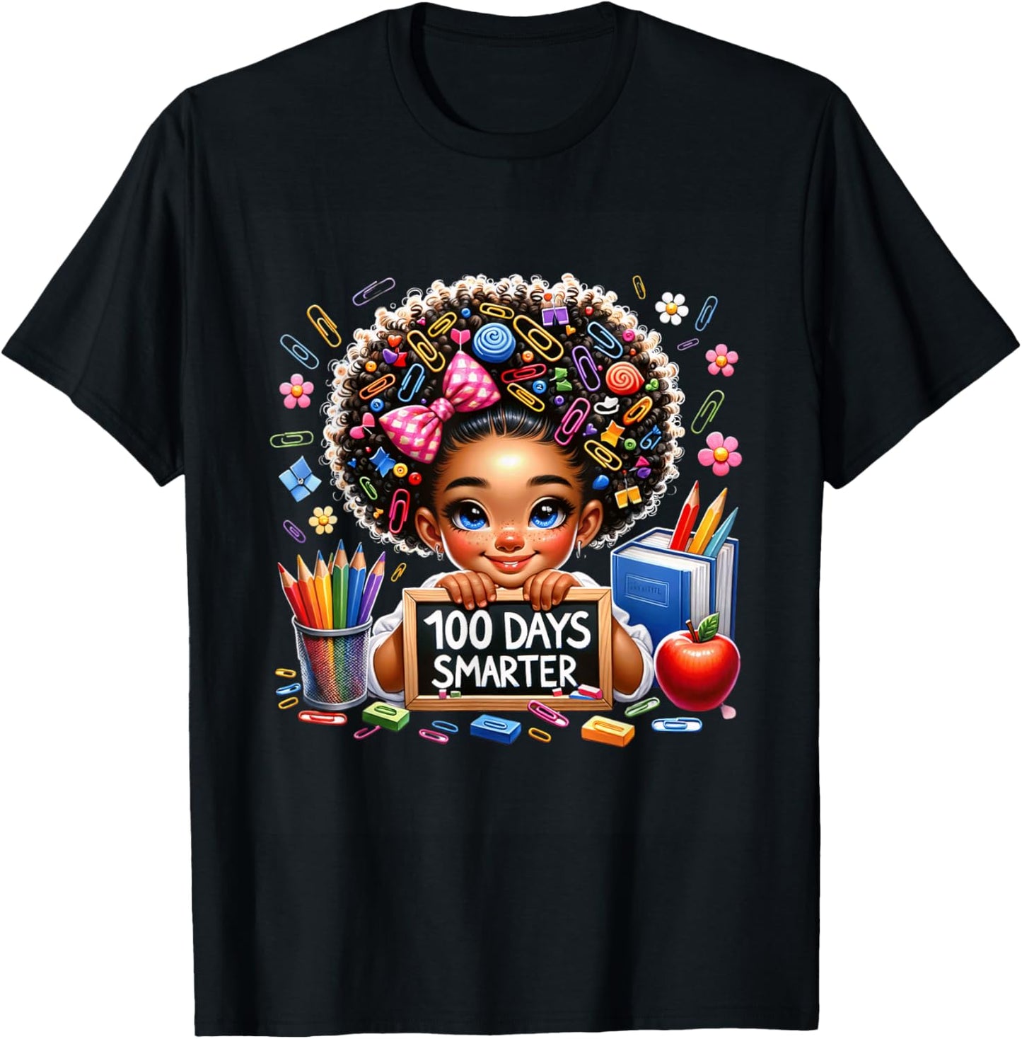 100 Days Smarter Afro Girls Messy Bun 100th Day Of School T-Shirt - T-Shirt | Black