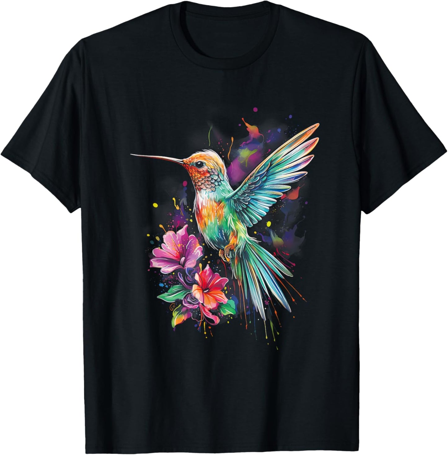 Hummingbird Floral Bird Artwork T-Shirt - T-Shirt | Black