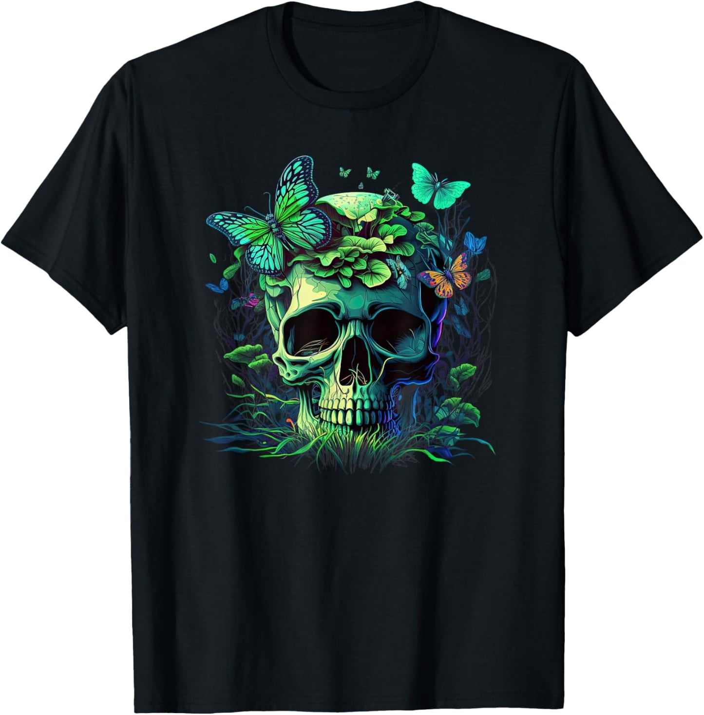 Skull with Vibrant Butterfly flower and mushroom T-Shirt - T-Shirt | Black