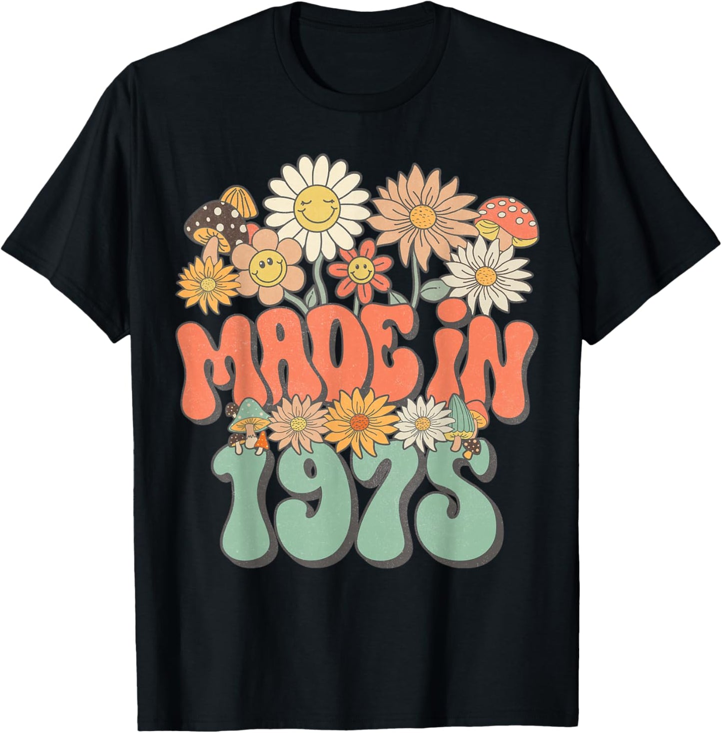 Retro Groovy Made In 1975 Floral Hippie Daisy 50th Birthday T-Shirt - T-Shirt | Black