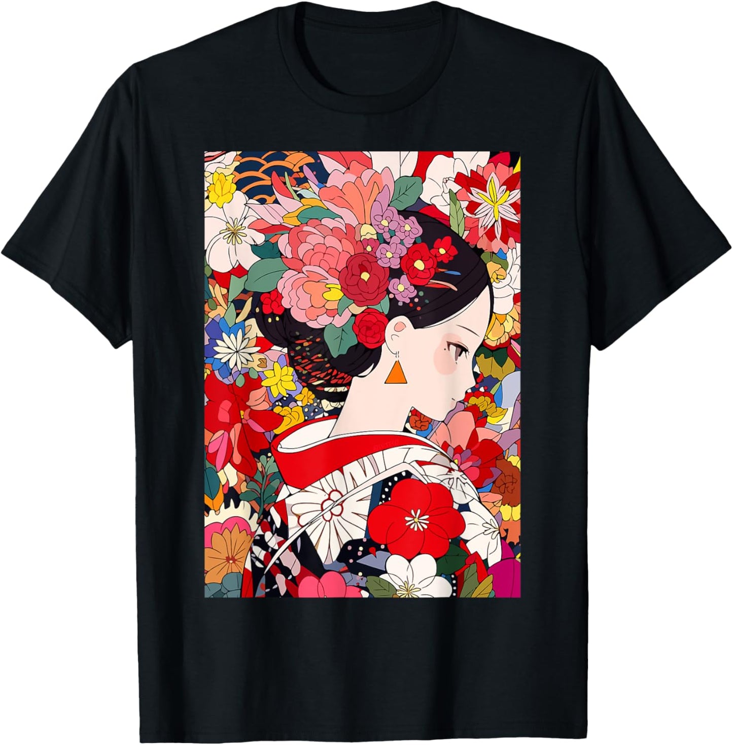 Japanese Flower Kimono Girl Cute Kawaii Anime Art T-Shirt - T-Shirt | Black