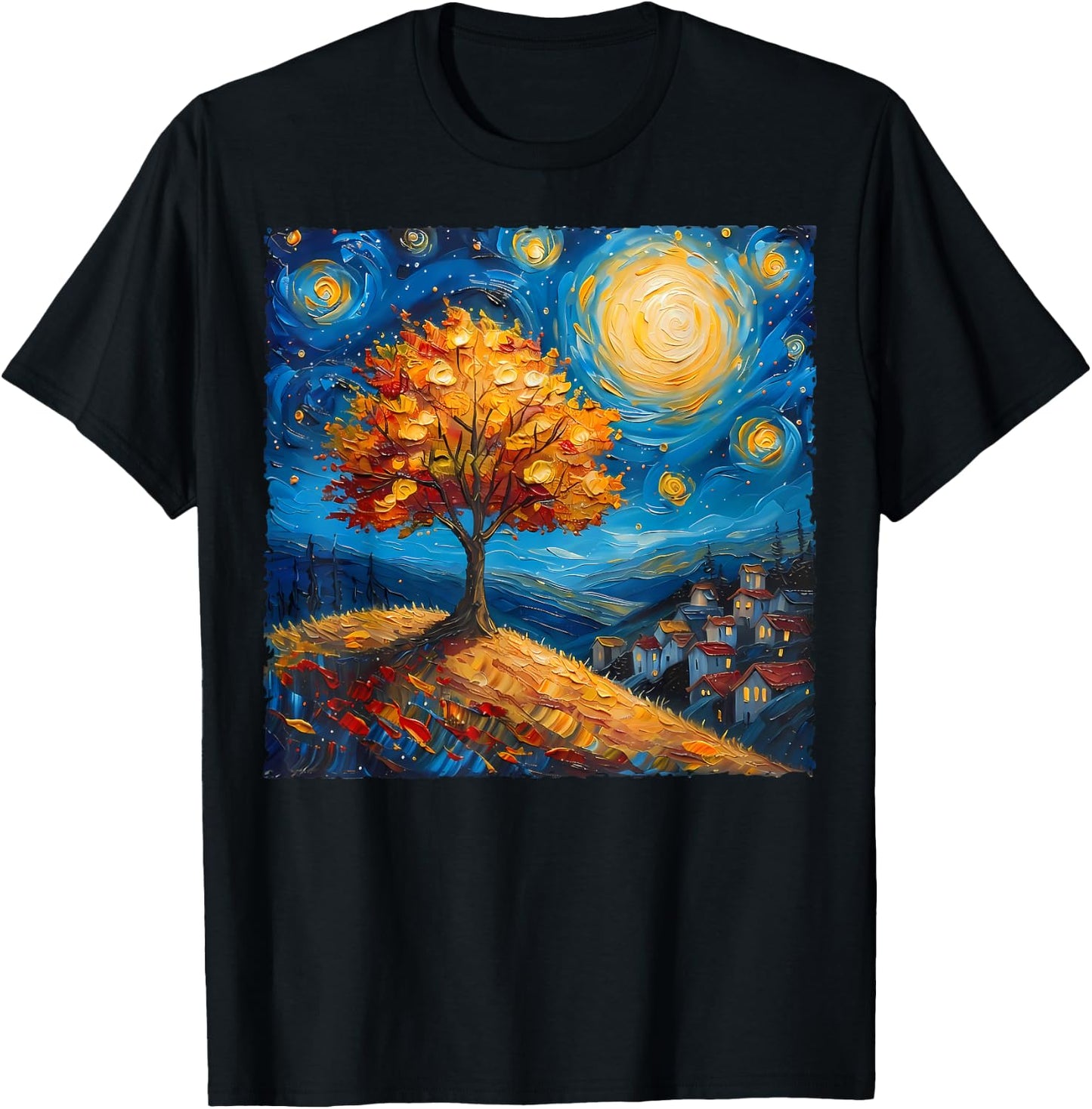Maple Tree Van Gogh Starry Night Art Autumn Nature Lovers T-Shirt - T-Shirt | Black