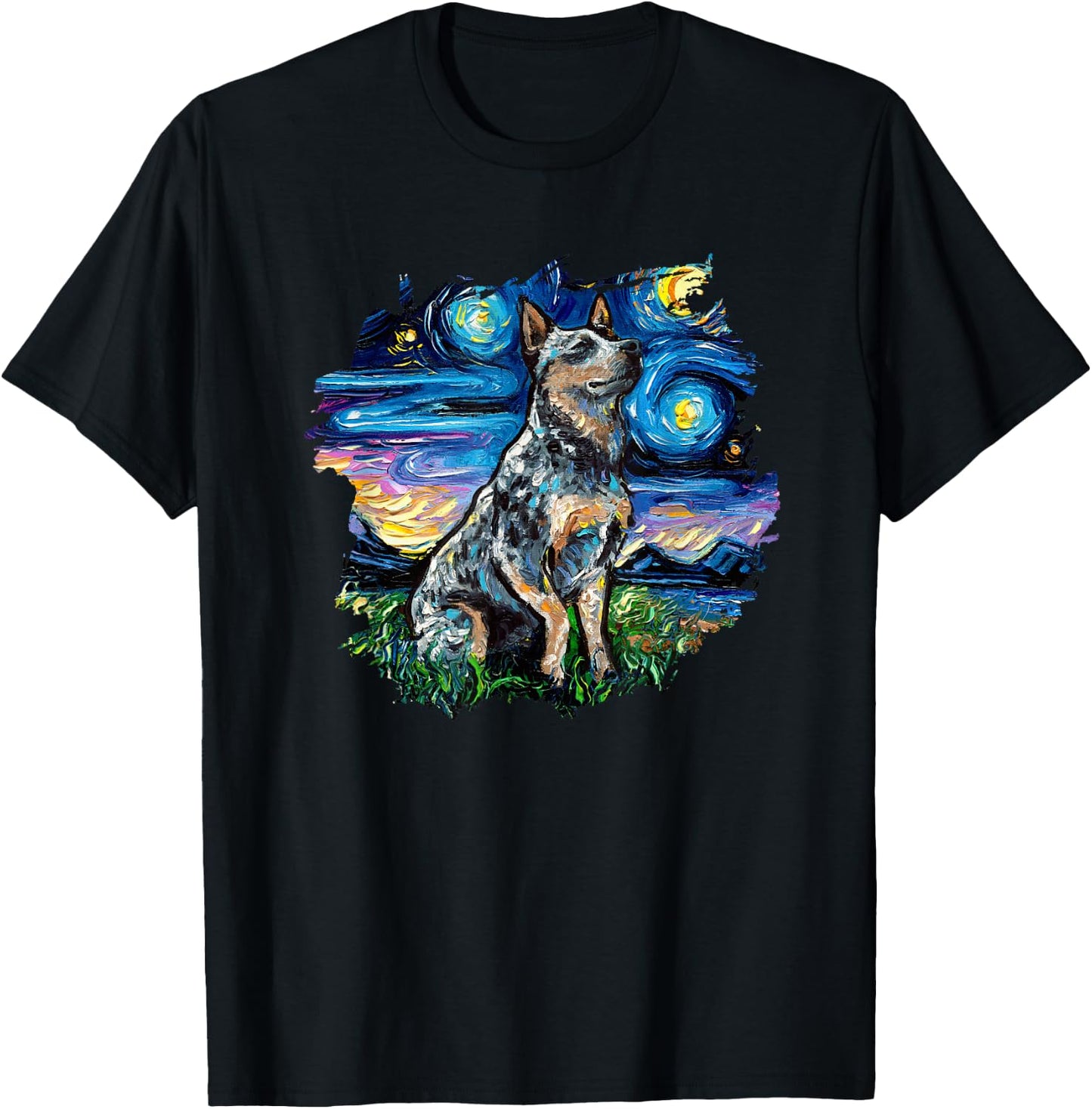Blue Heeler with border Starry Night Dog Art by Aja T-Shirt - T-Shirt | Black