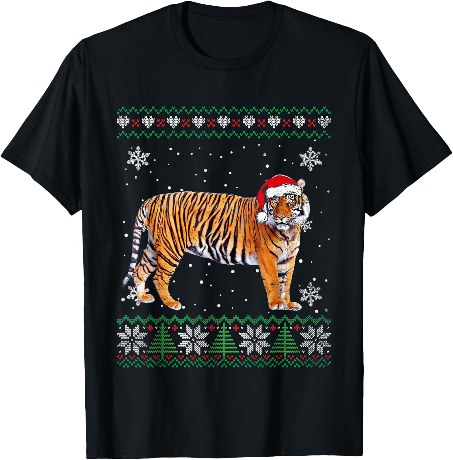 Santa Tiger Ugly Sweater Animals Christmas Pajama T-Shirt - T-Shirt | Black