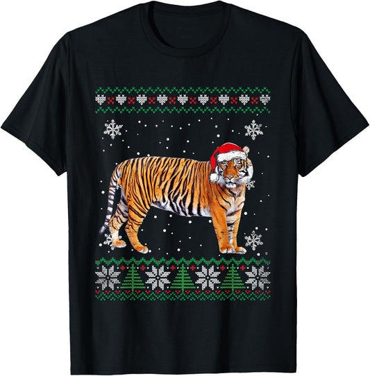Santa Tiger Ugly Sweater Animals Christmas Pajama T-Shirt - T-Shirt | Black