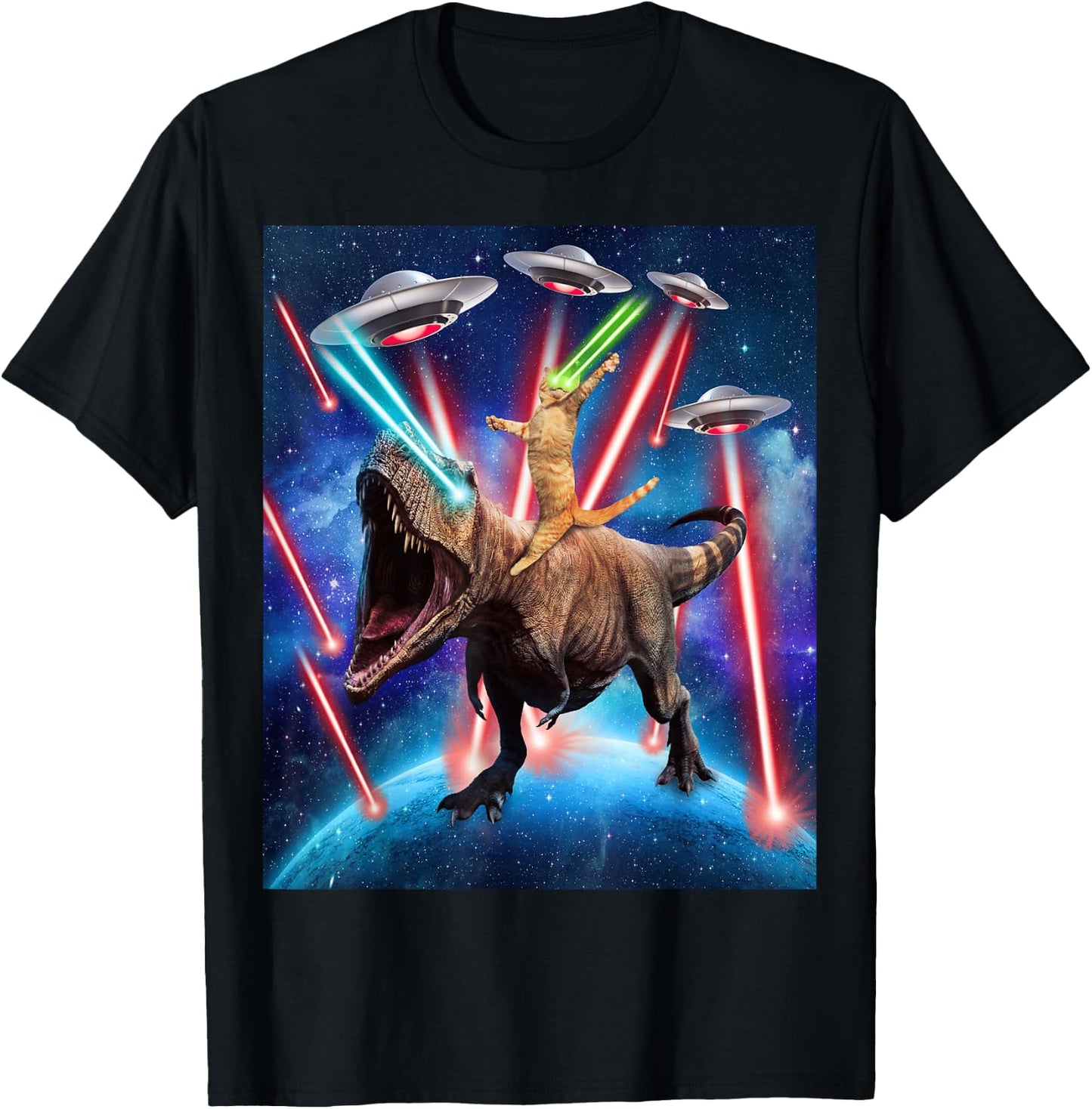 Space Cat Riding Dinosaur T rex Laser Eyes UFO Funny Cat T-Shirt - T-Shirt | Black