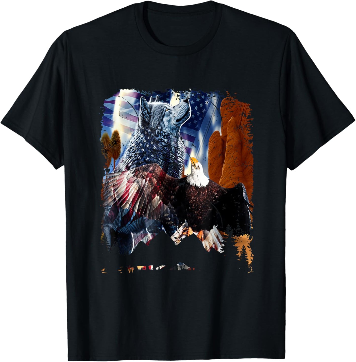 Wolf With Bald Eagles American Flag Patriotic Independence Women Men T-Shirt - T-Shirt | Black
