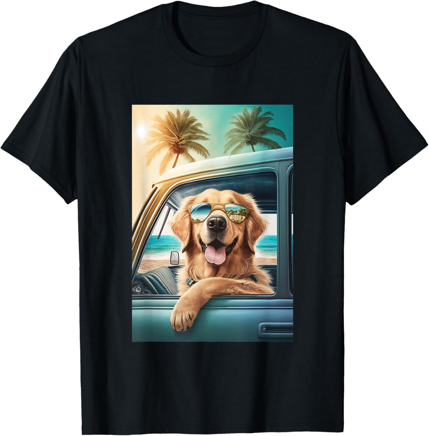 Golden Retriever Sunglasses Beach Palm Trees Car Summer Men Women Kids T-Shirt - T-Shirt | Black