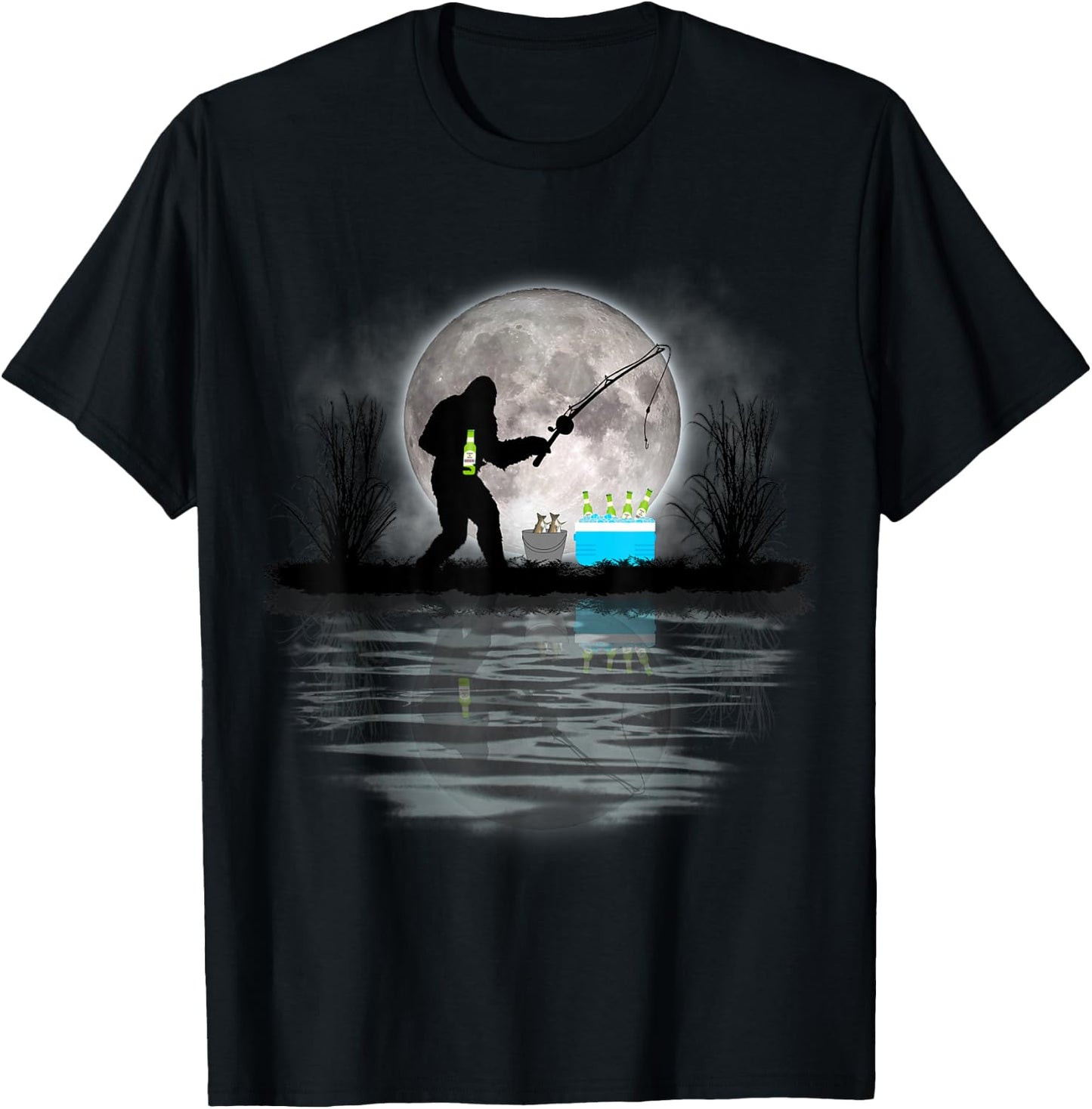 Bigfoot Fishing Funny Sasquatch Fishing & Beer Gift T-Shirt - T-Shirt | Black
