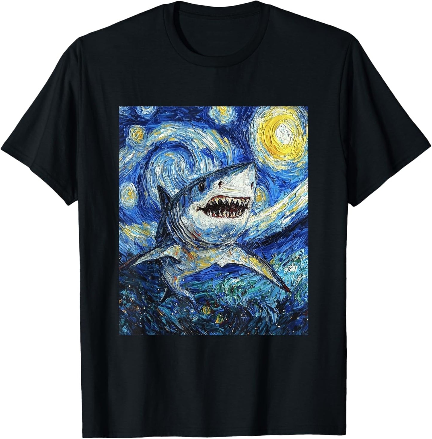 Funny Shark - Van Gogh Style - Starry Night T-Shirt - T-Shirt | Black