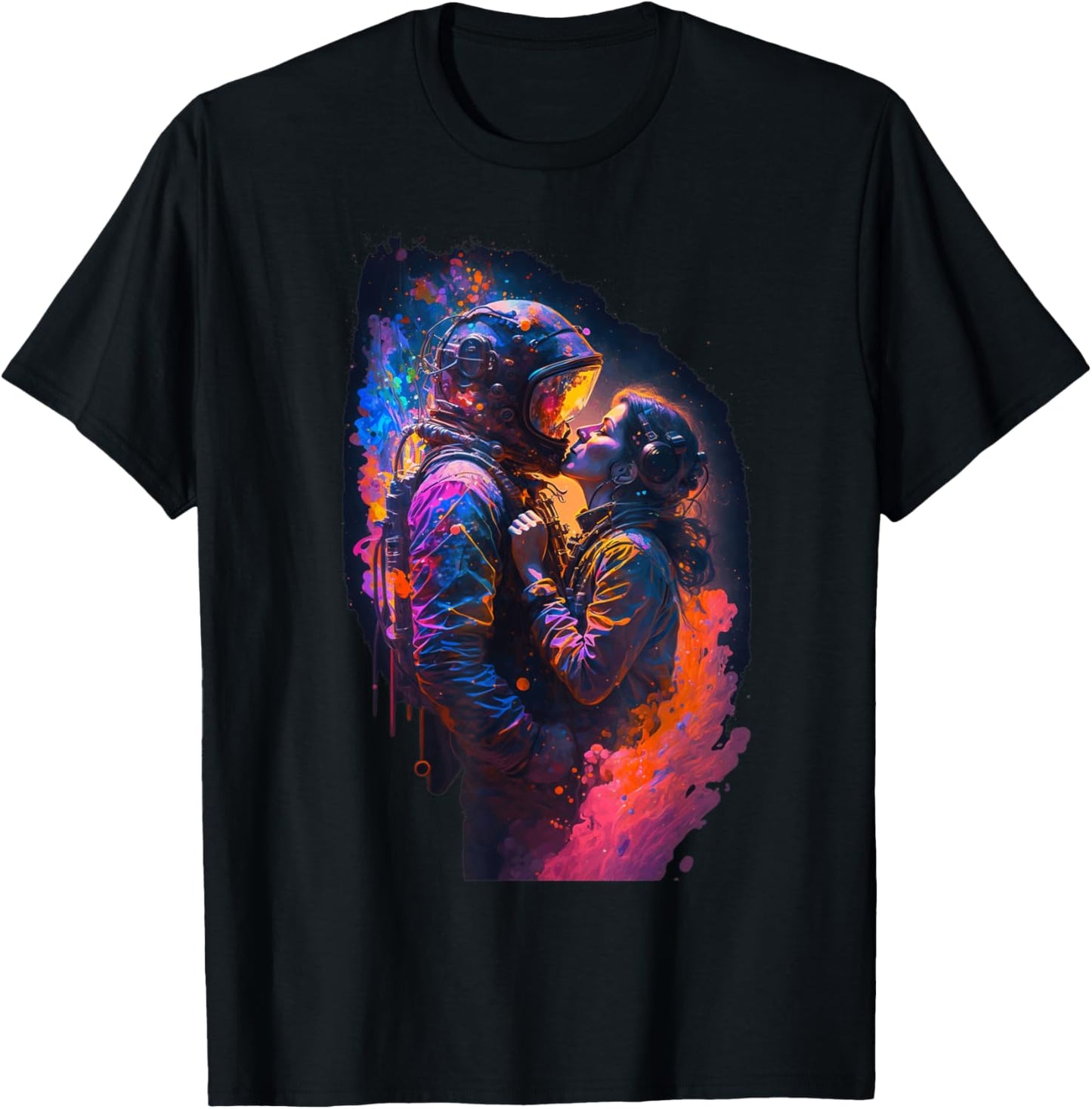 Astronaut Love Couple Kiss Outer Space | Colorful Astronaut T-Shirt - T-Shirt | Black