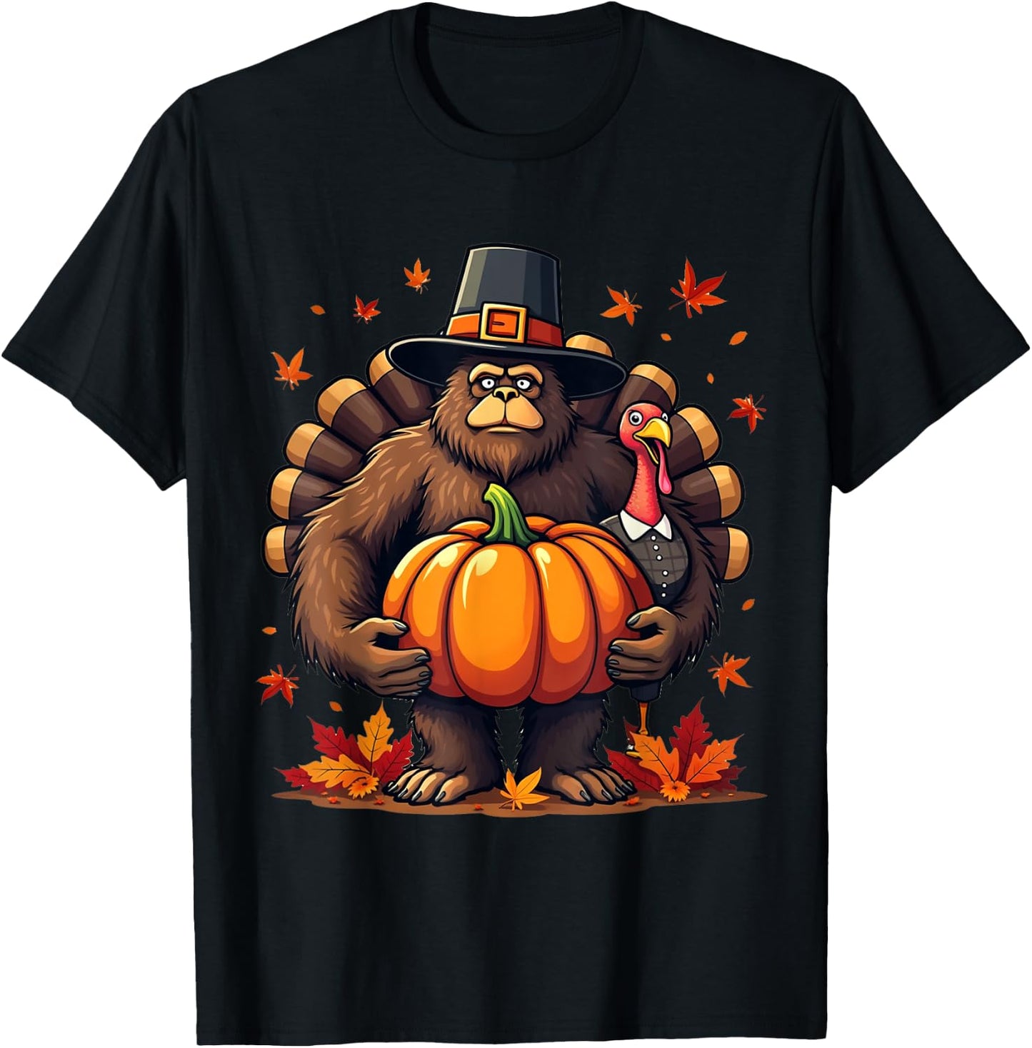 Bigfoot Pilgrim Thanksgiving with Pumpkin and Turkey T-Shirt - T-Shirt | Black