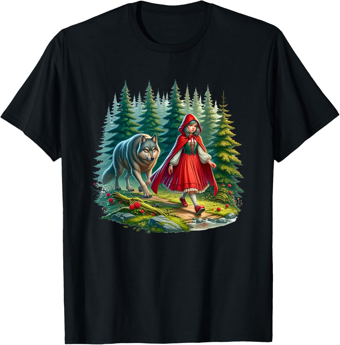 Little Red Riding Hood Stalked by Wolf Halloween Costume T-Shirt - T-Shirt | Black