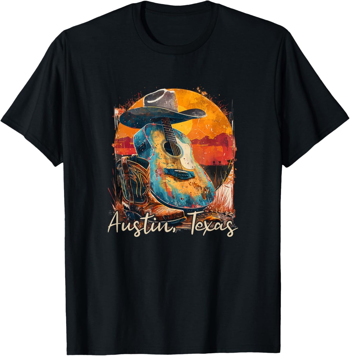 Austin Texas TX | Guitar Musician Cowboy T-Shirt - T-Shirt | Black