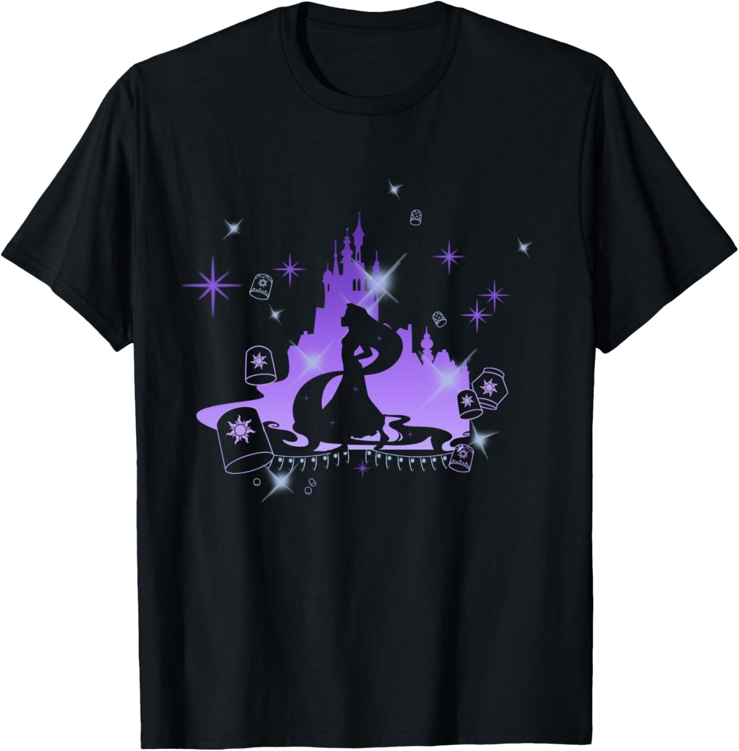 Disney Tangled Rapunzel And Lanterns Castle Silhouette T-Shirt - T-Shirt | Black