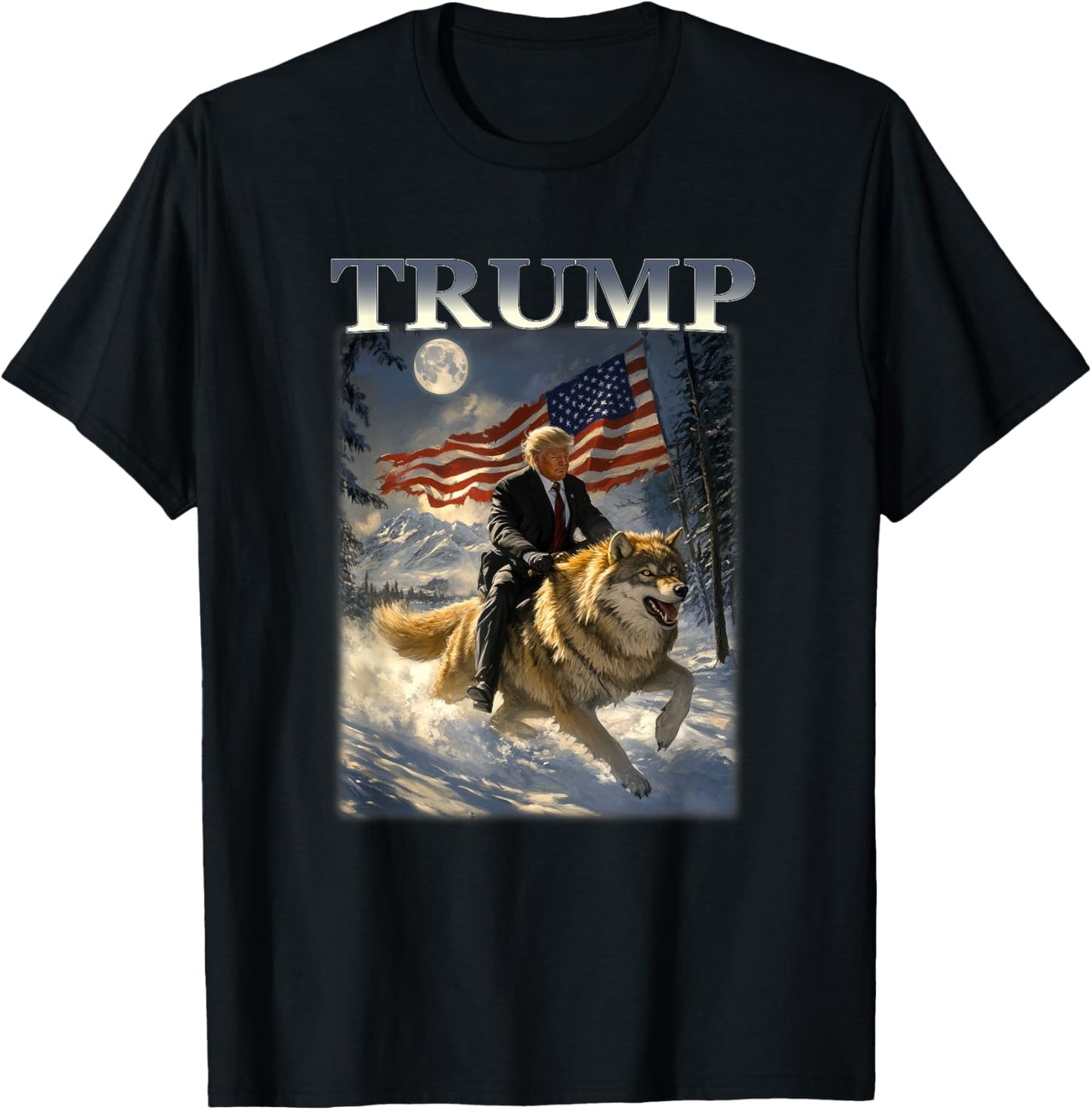 Donald Trump 2024 Riding Wolf American Flag T-Shirt - T-Shirt | Black