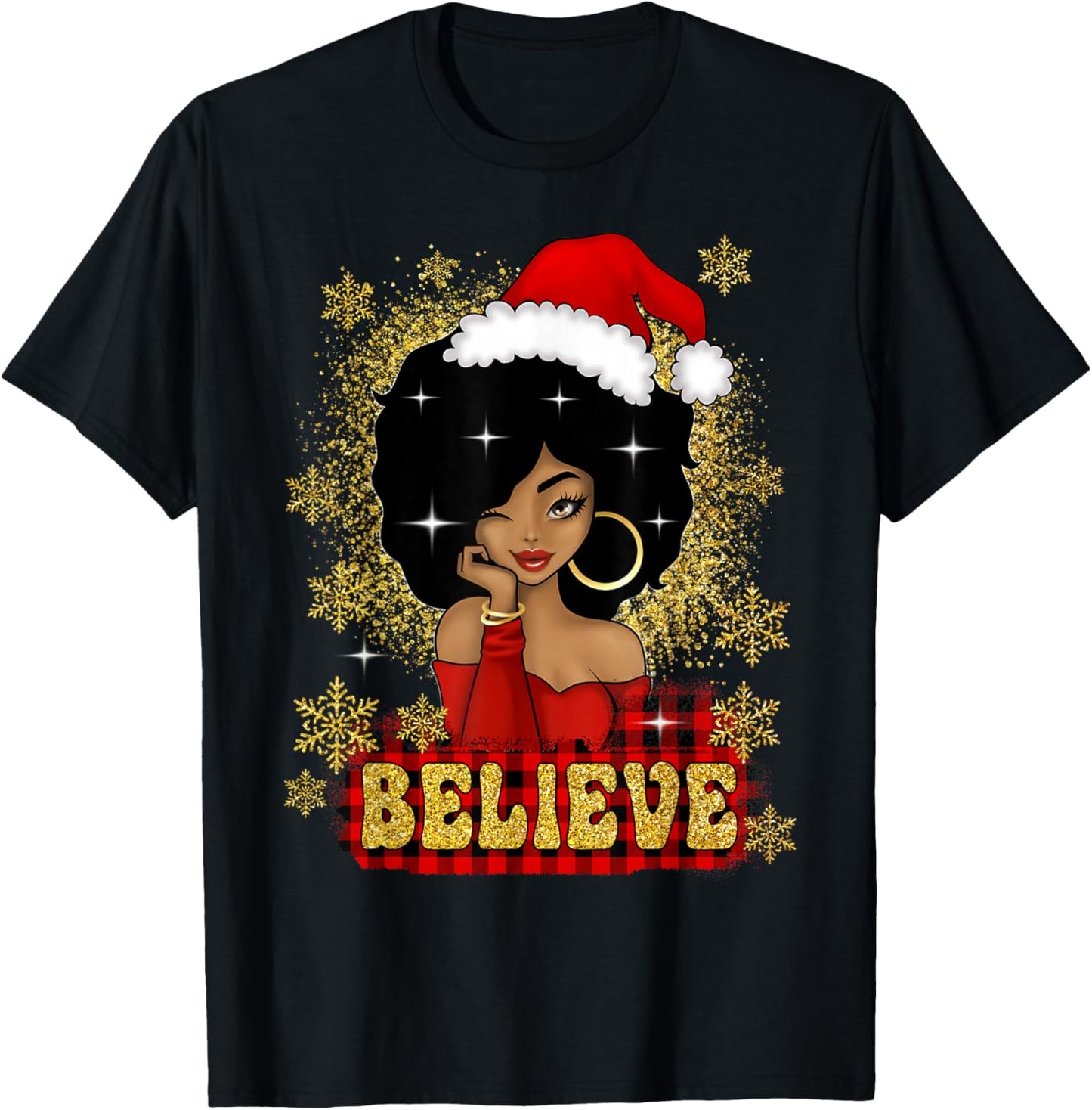 Christmas Believe Santa African American Black Woman T-Shirt - T-Shirt | Black