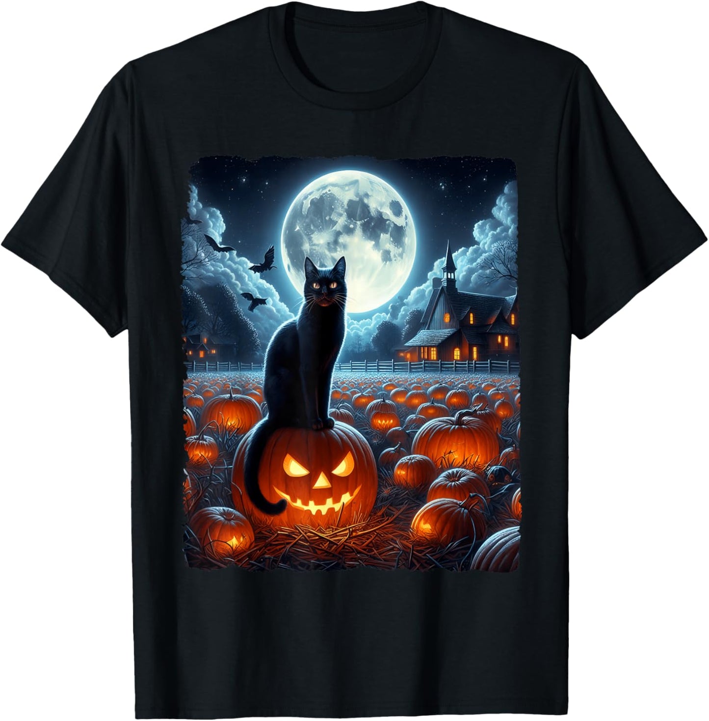 Black Cat Halloween Cat Lovers Starry Night Cat Van Gogh Cat T-Shirt - T-Shirt | Black