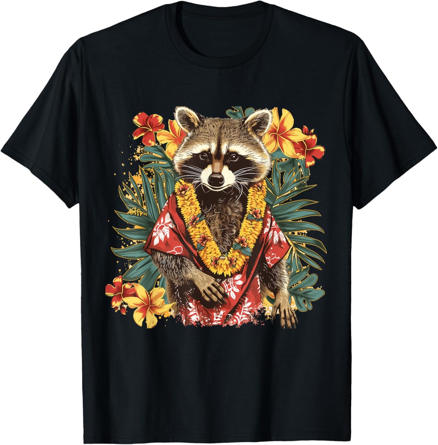 Hawaiian Hibiscus Flowers Hawaiian Raccoon T-Shirt - T-Shirt | Black