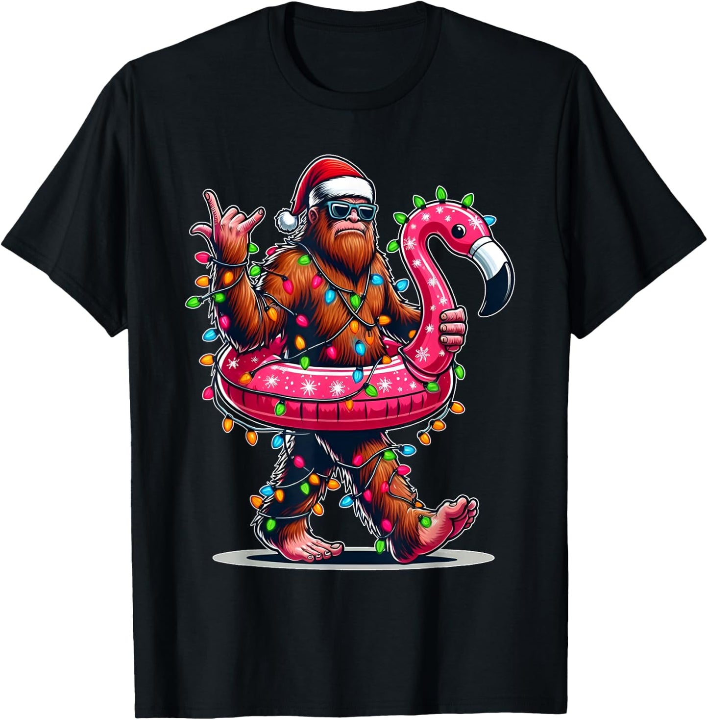Santa Bigfoot Flamingo Christmas Light Funny Rock Sasquatch T-Shirt - T-Shirt | Black