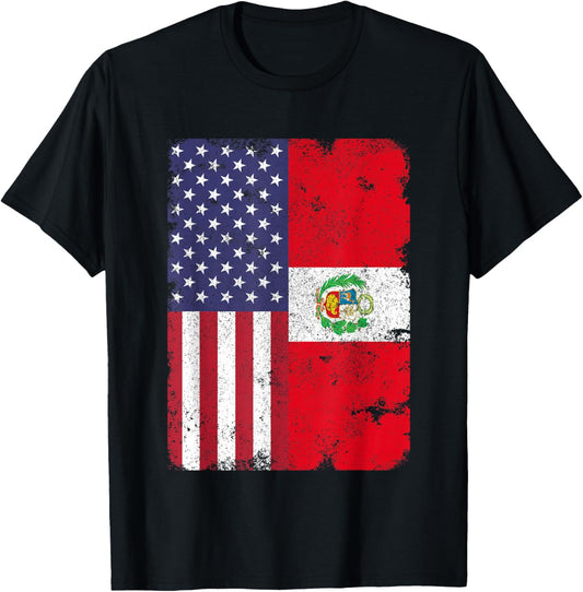 Peru Peruvian American Flag Pride Patriotic Vintage T-Shirt - T-Shirt | Black