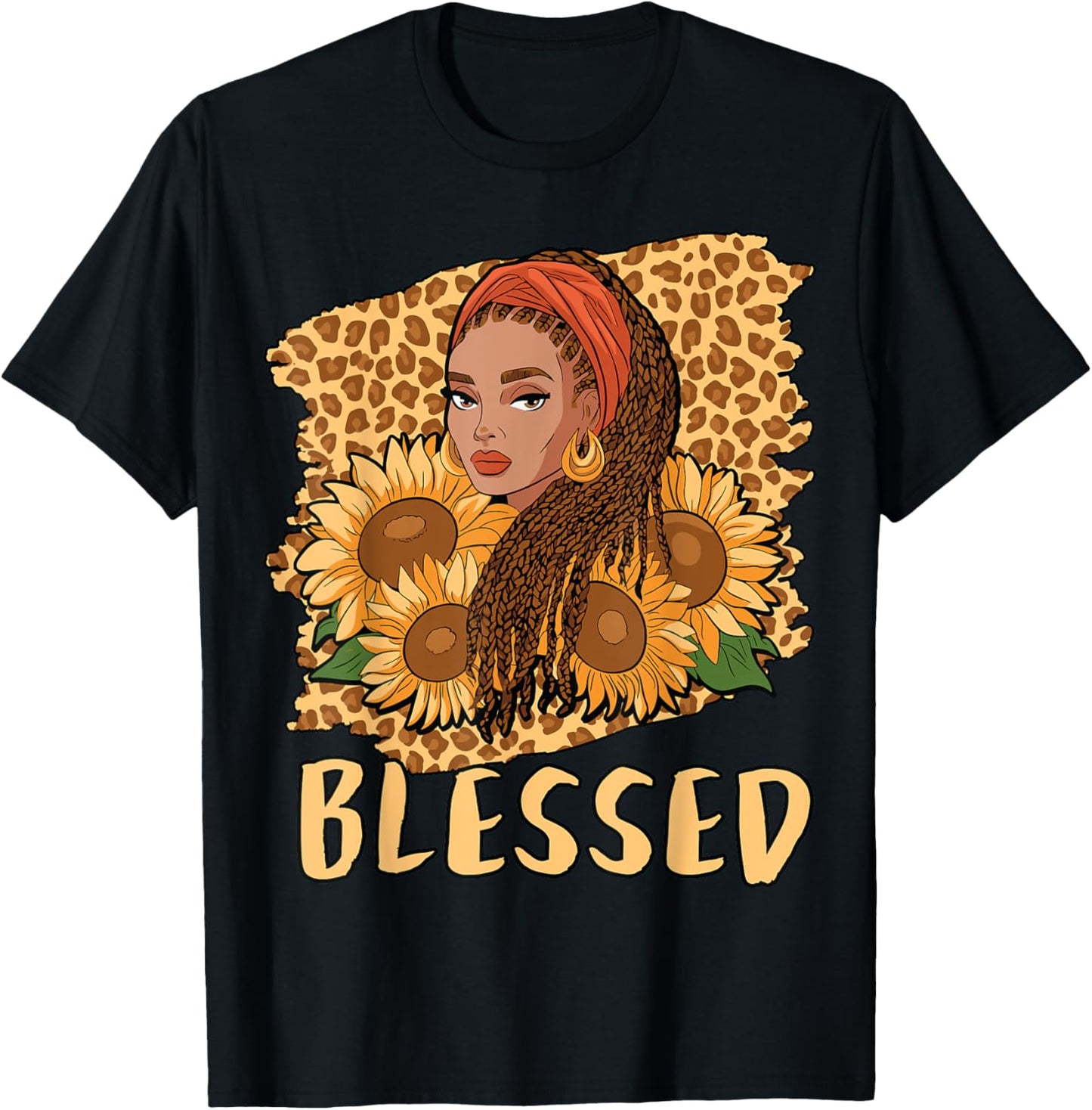 Blessed Black Queen Locs Leopard Sunflower God History Pride T-Shirt - T-Shirt | Black