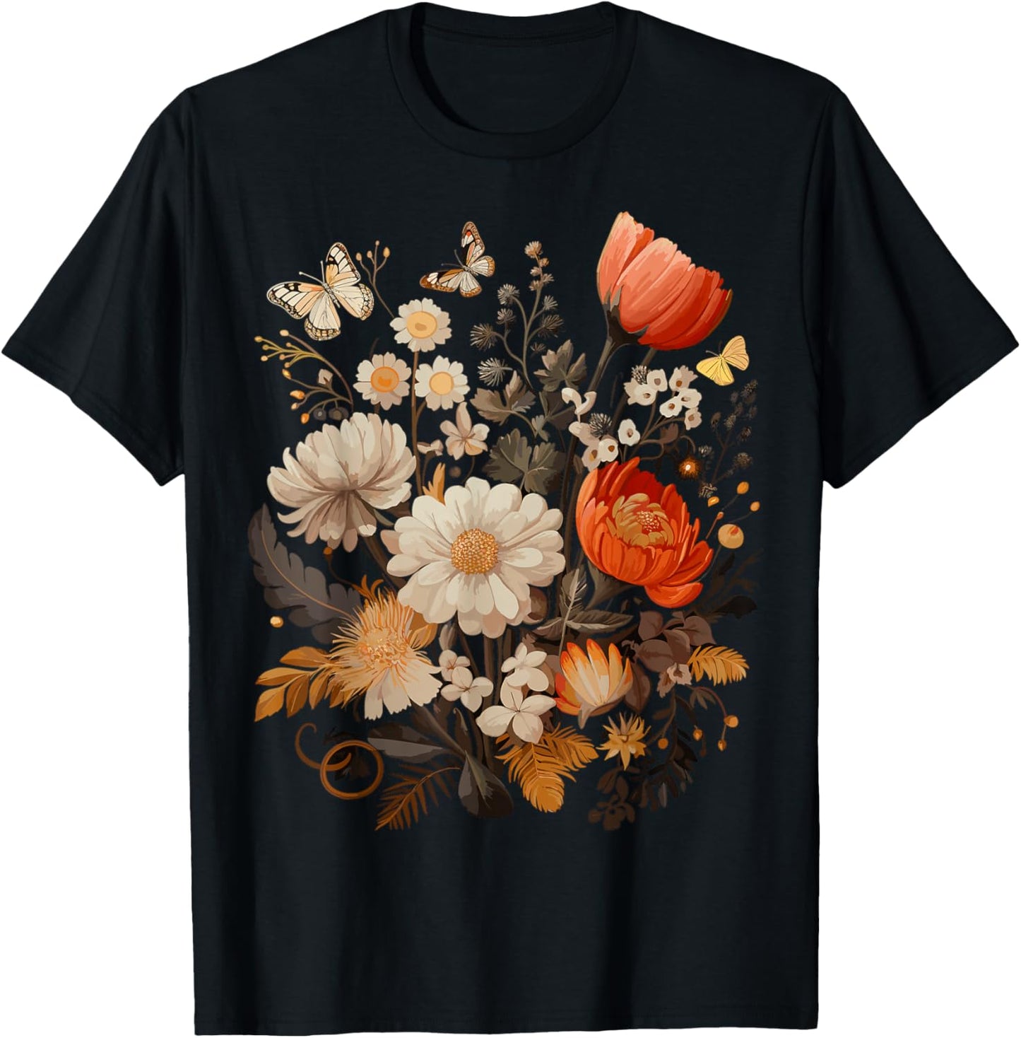 Vintage Pressed Flowers Butterflies Floral Boho Wildflowers T-Shirt - T-Shirt | Black
