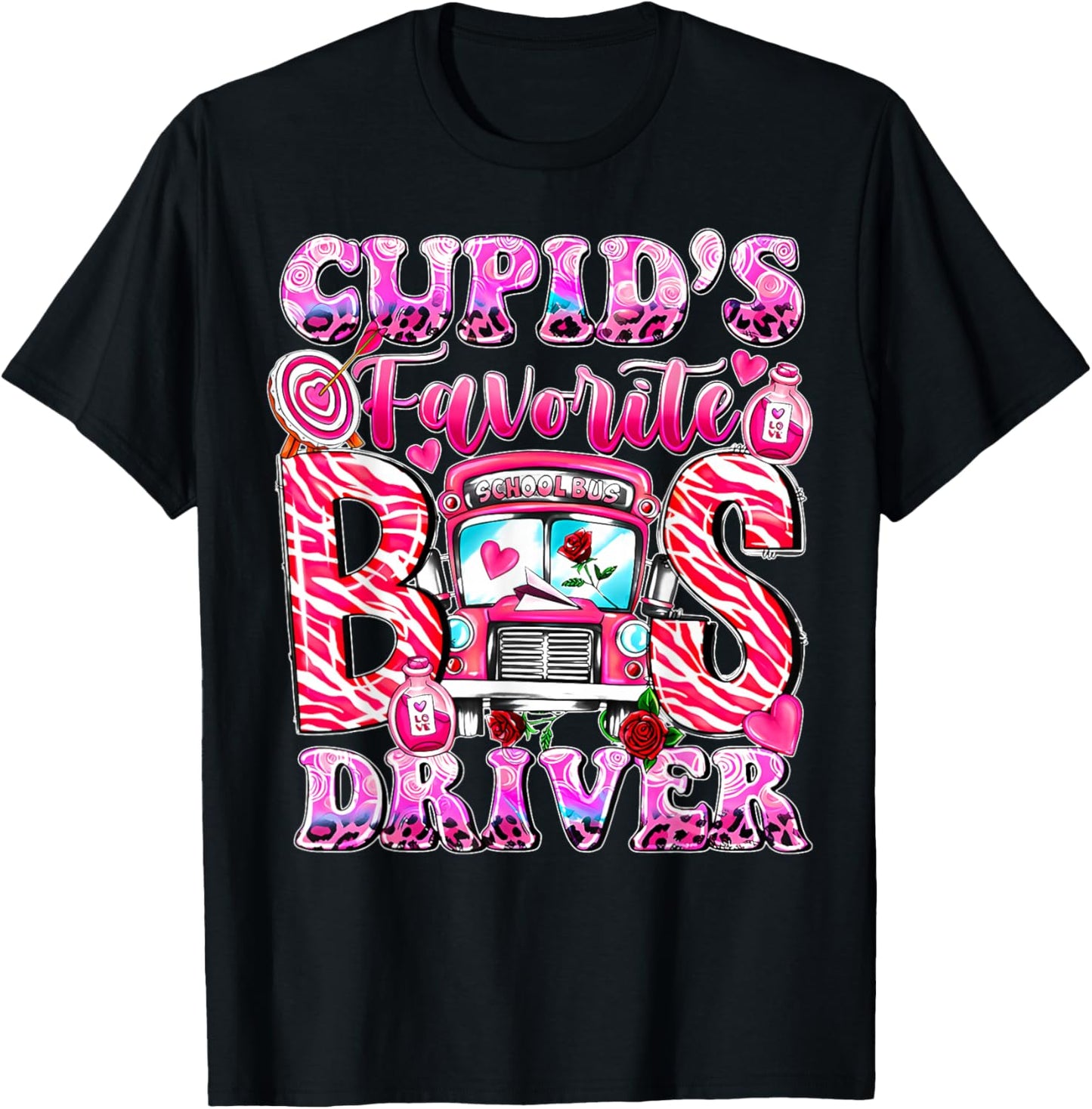 Groovy Cupid's Favorite School Bus Driver Valentine's Day T-Shirt - T-Shirt | Black