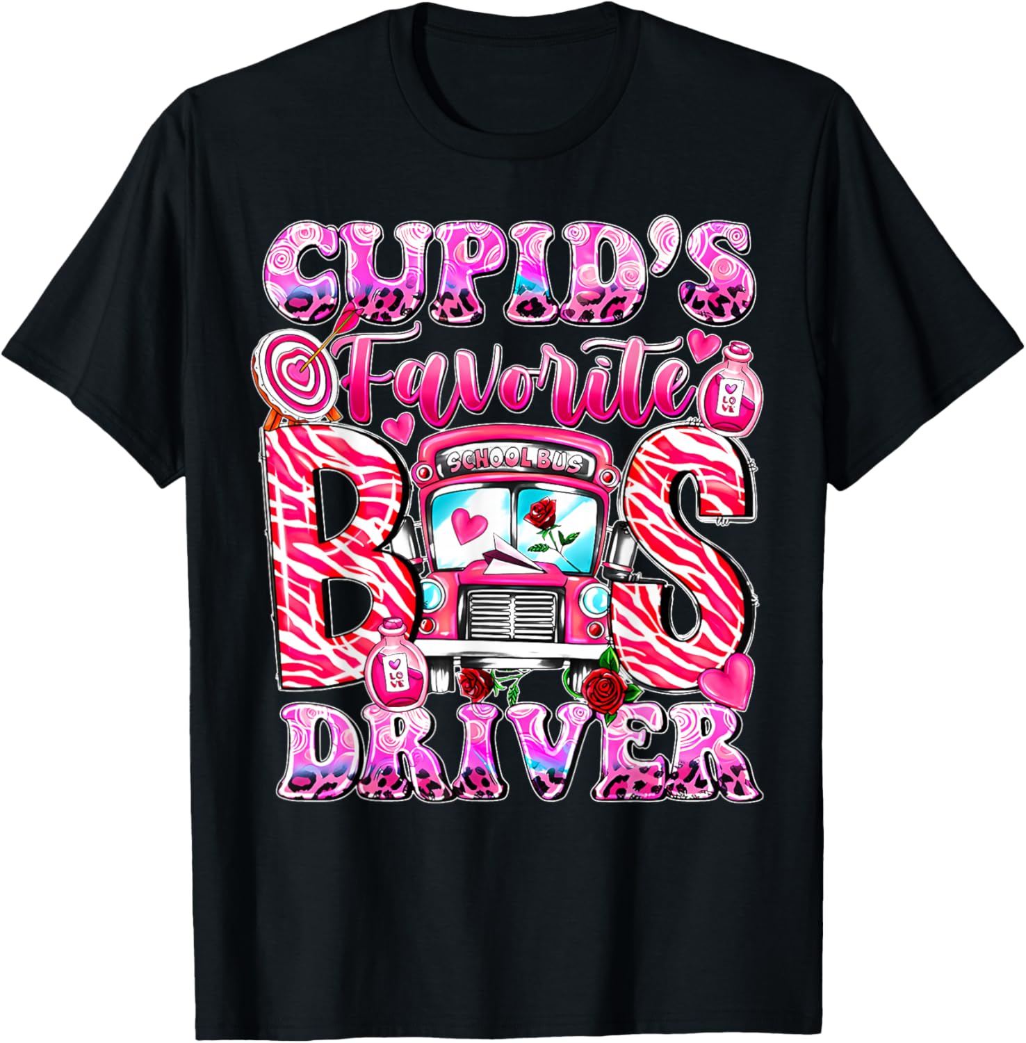 Groovy Cupid's Favorite School Bus Driver Valentine's Day T-Shirt - T-Shirt | Black