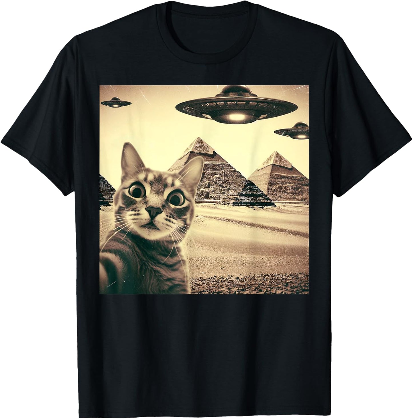 Cat Selfie With Alien UFO Funny Cat Gifts Women Kid T-Shirt - T-Shirt | Black