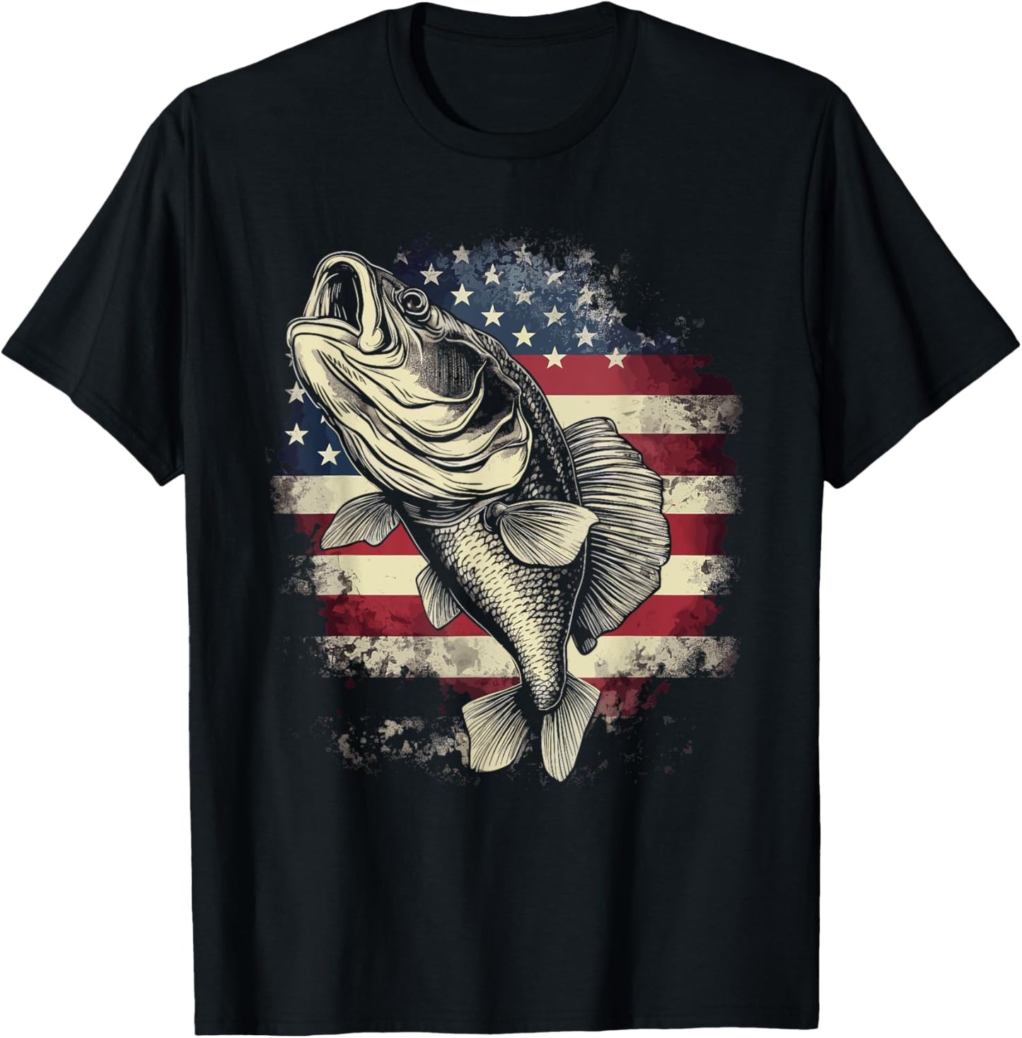 Patriotic Fishing 4th of July Men American Flag Bass Fishing T-Shirt - T-Shirt | Black