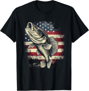 Patriotic Fishing 4th of July Men American Flag Bass Fishing T-Shirt - T-Shirt | Black